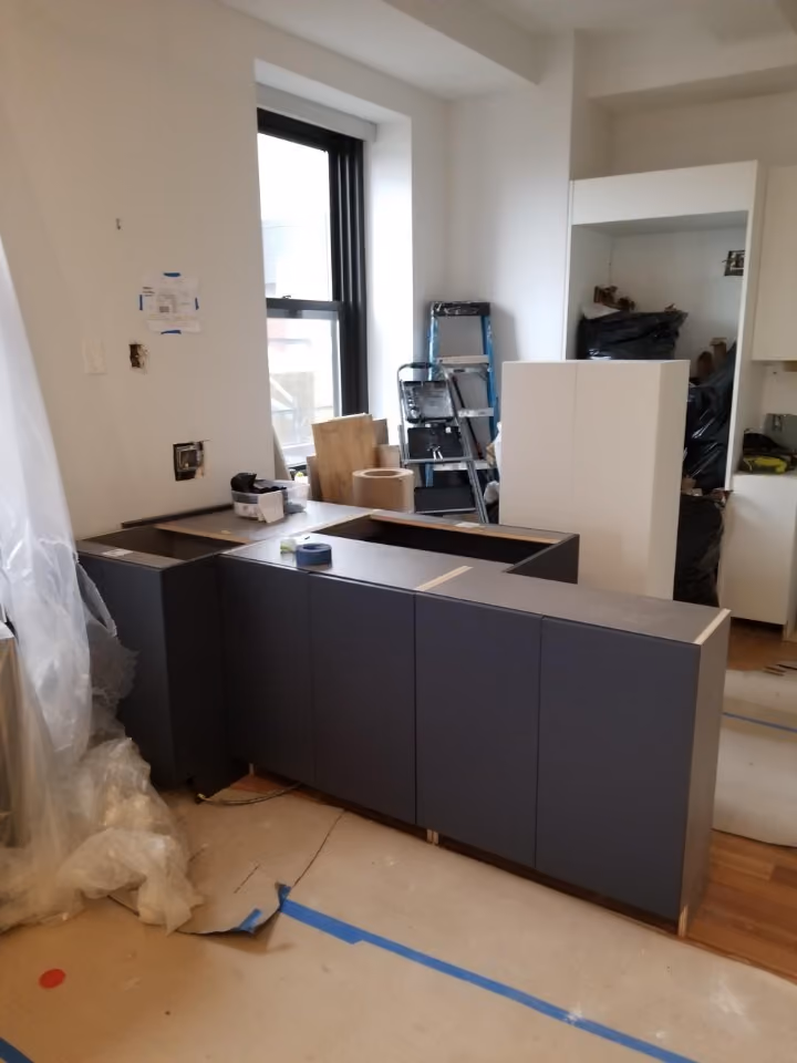 Construction in progress during a loft kitchen renovation at BellTel Lofts at 365 Bridge Street in Downtown Brooklyn, by Gallery KBNY (view 2)