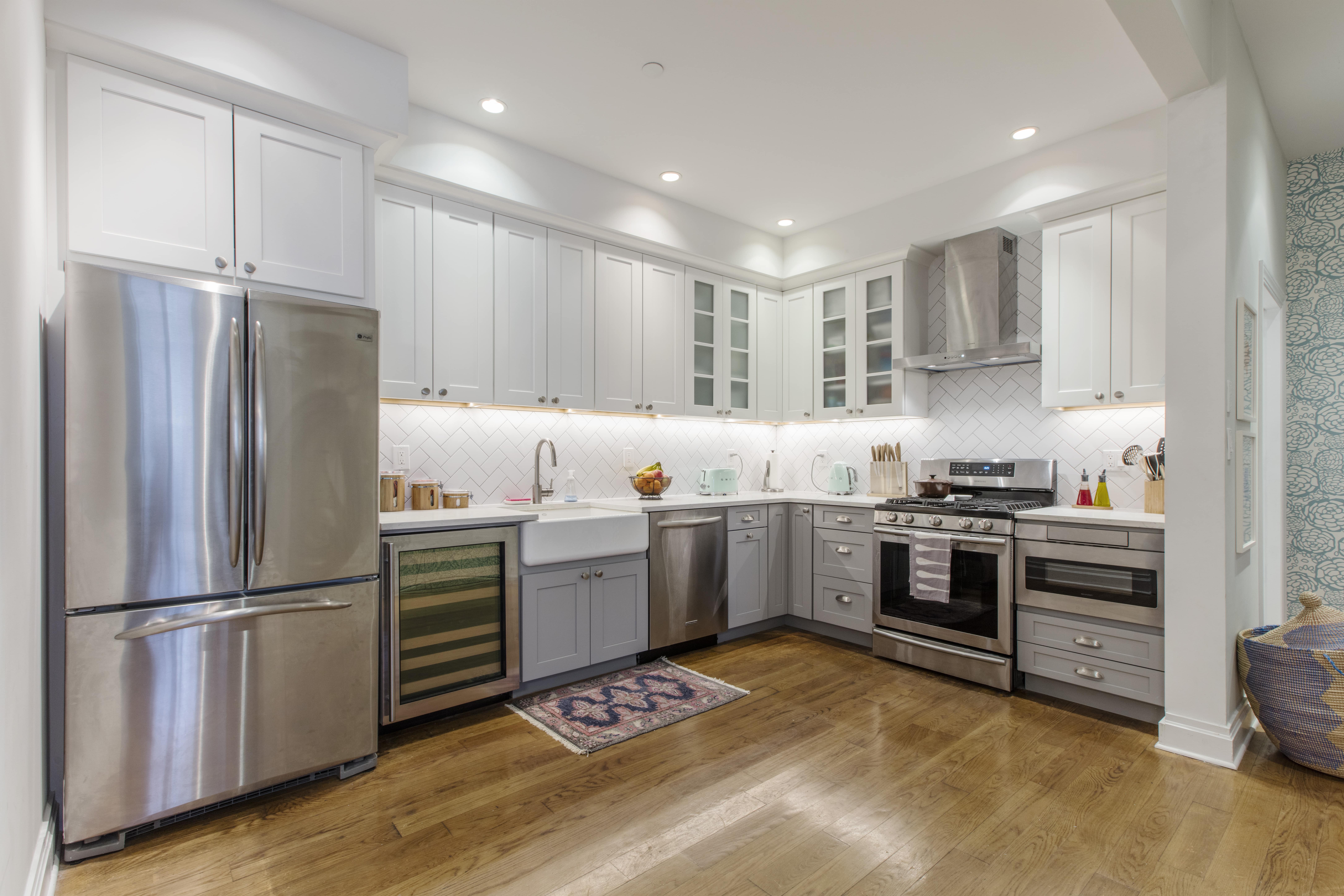 Renovated interior of a pre-war condo kitchen and bathroom at 61 Carroll Street in Carroll Gardens, Brooklyn, by Gallery KBNY (view 3)