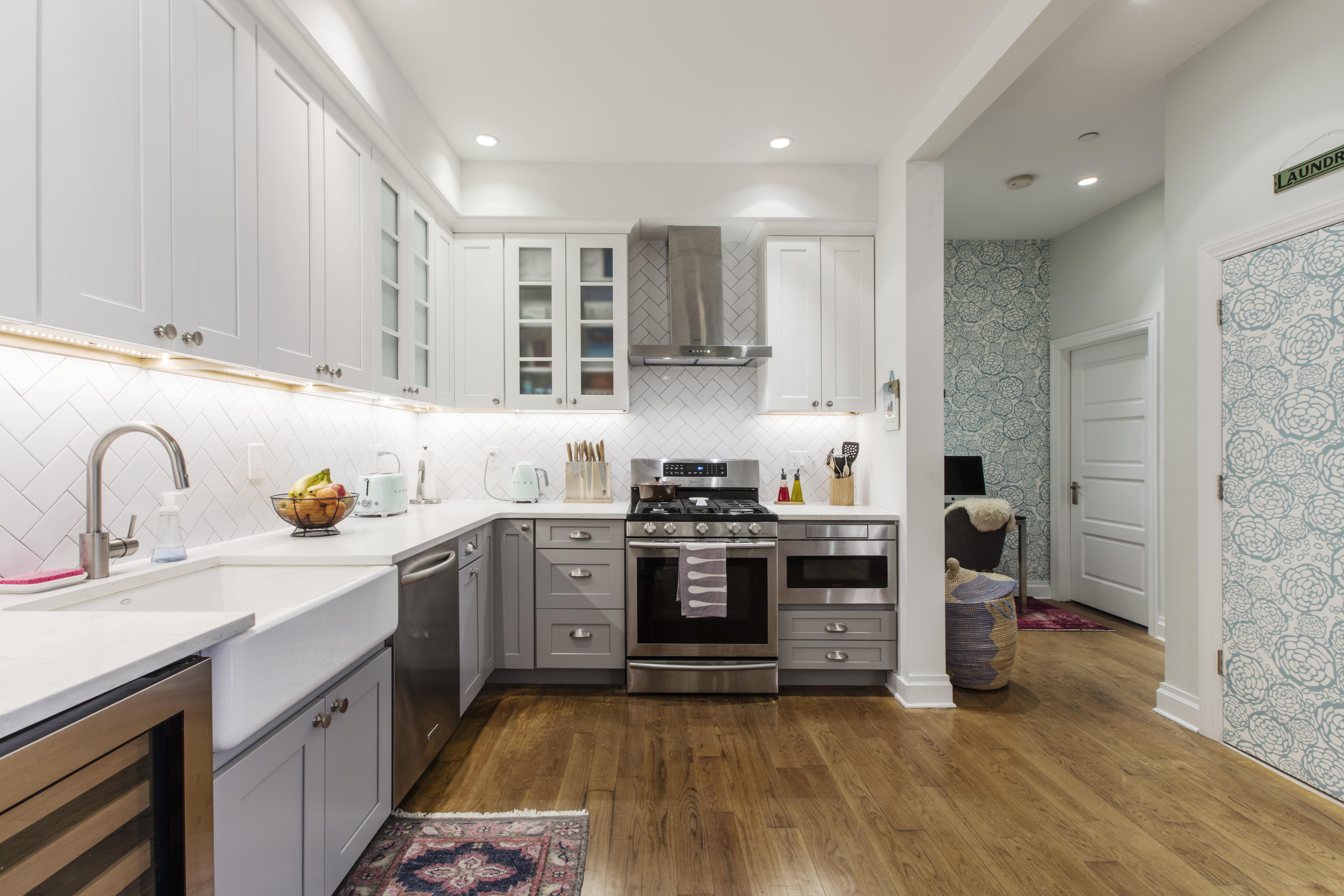Renovated interior of a pre-war condo kitchen and bathroom at 61 Carroll Street in Carroll Gardens, Brooklyn, by Gallery KBNY (view 1)