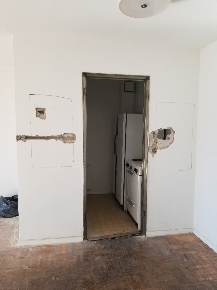 Pre-renovation or in-progress view of a post-war condo renovation at 61 Jane Street in the West Village, Manhattan, by Gallery KBNY (view 1)