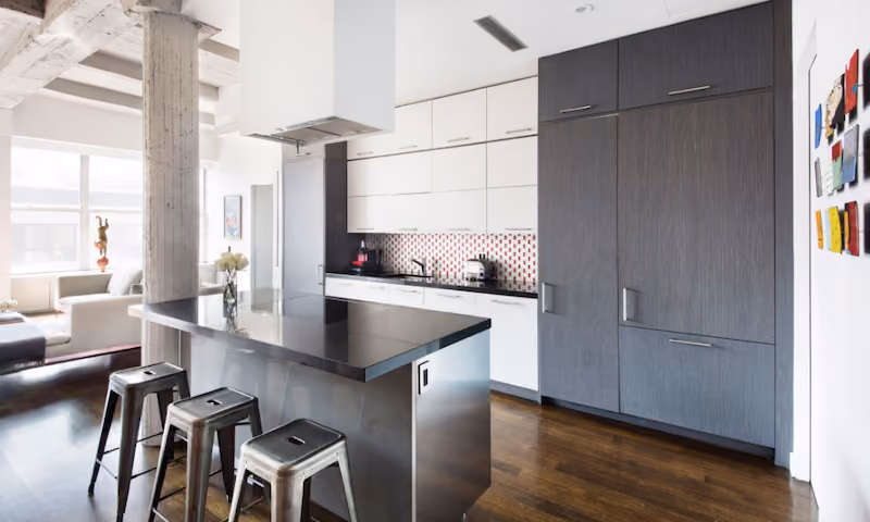 Pre-renovation or in-progress view of a loft kitchen renovation at 419 West 55th Street in Hell's Kitchen, Manhattan, by Gallery KBNY (view 1)