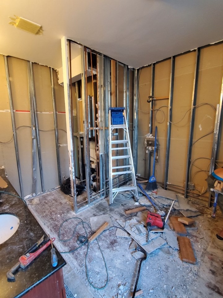 Construction in progress during a condo ensuite bathroom renovation at 9 Murray Street in Tribeca, Manhattan, by Gallery KBNY (view 1)