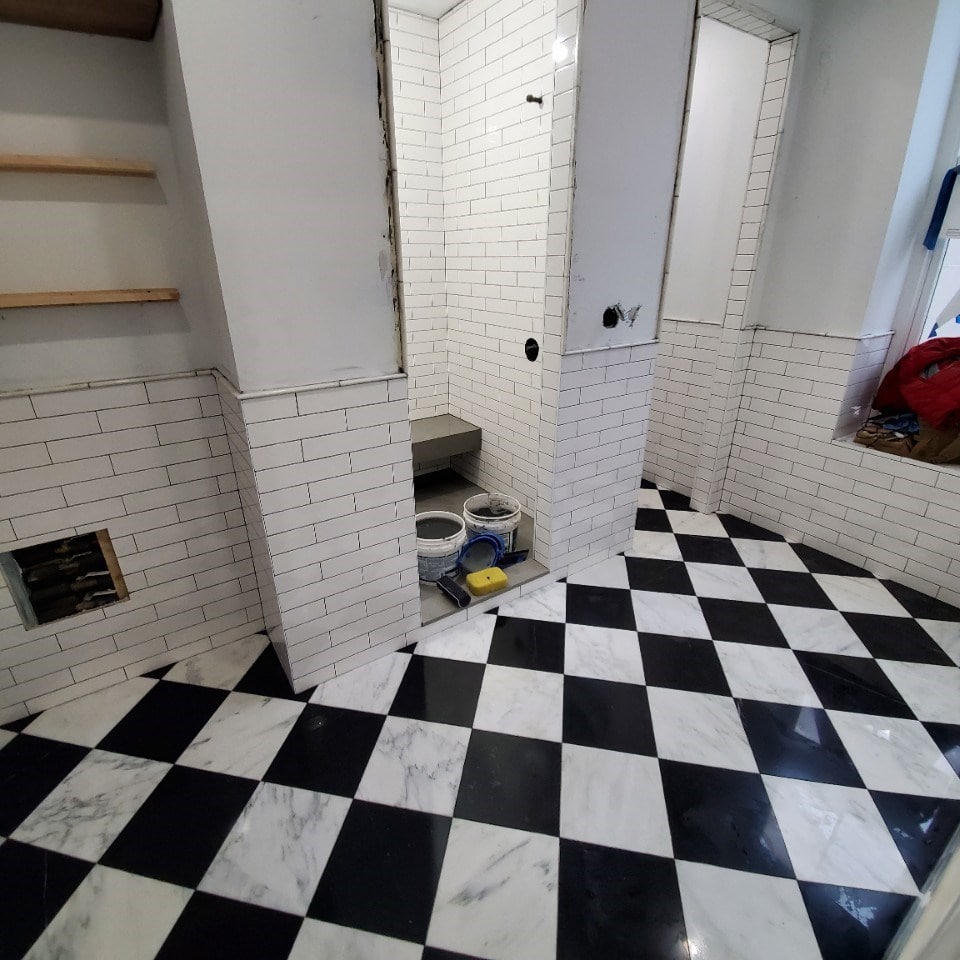Construction in progress during a condo ensuite bathroom renovation at 9 Murray Street in Tribeca, Manhattan, by Gallery KBNY (view 8)