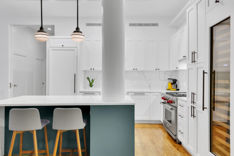 Renovated interior of a loft kitchen at 9 Murray Street in Tribeca, Manhattan, by Gallery KBNY (view 2)
