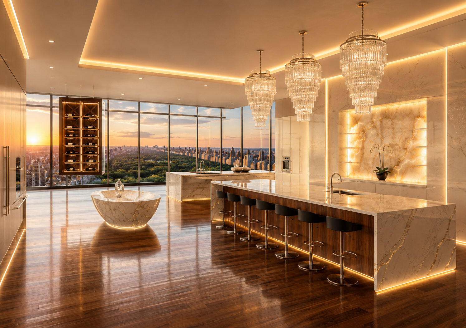 Over-the-top AI-generated luxury kitchen rendering with Central Park views, chandeliers, and a sculptural marble tub centerpiece, used as this article's illustration of an unrealistic AI rendering