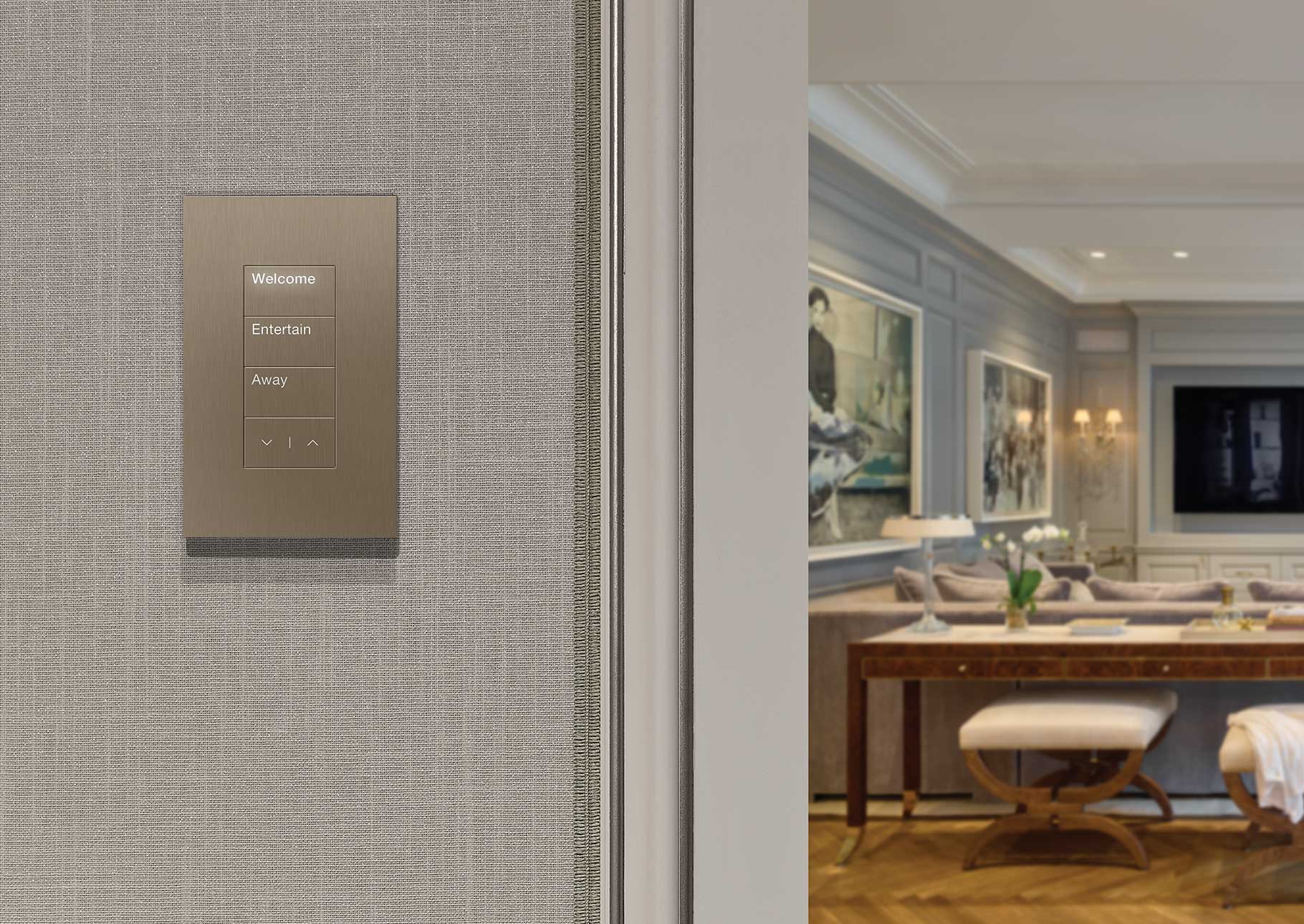 Lutron smart-lighting keypad control panel in a staged interior, a manufacturer stock photo used to illustrate home automation options rather than a Gallery KBNY project photo
