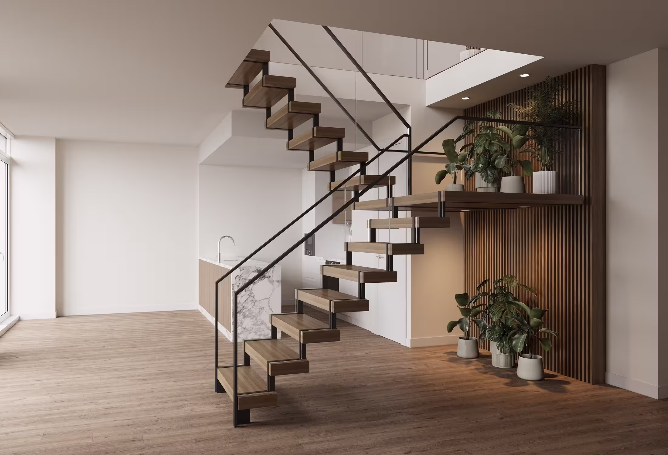 Rendering of staircase from vertical combination in Manhattan by Gallery KBNY deign build firm.