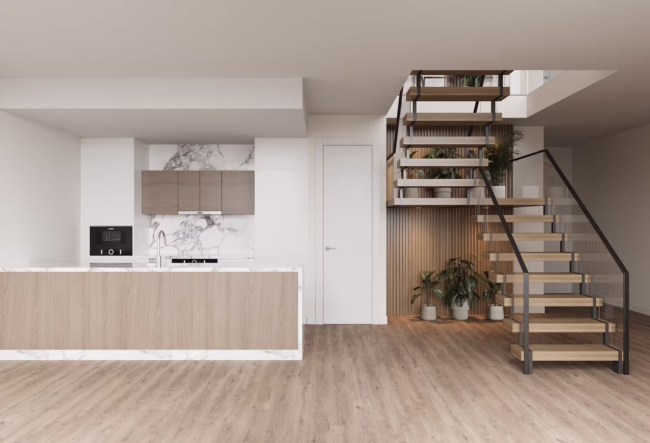 Rendering of staircase and kitchen from vertical combination in Manhattan by Gallery KBNY deign build firm.