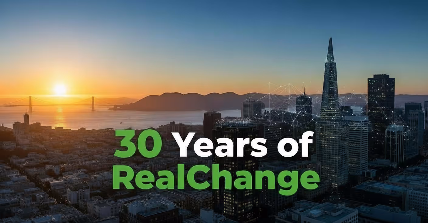 San Francisco skyline at sunset with Bay Bridge and downtown towers, overlaid with ‘30 Years of RealChange’ highlighting the company’s anniversary milestone.