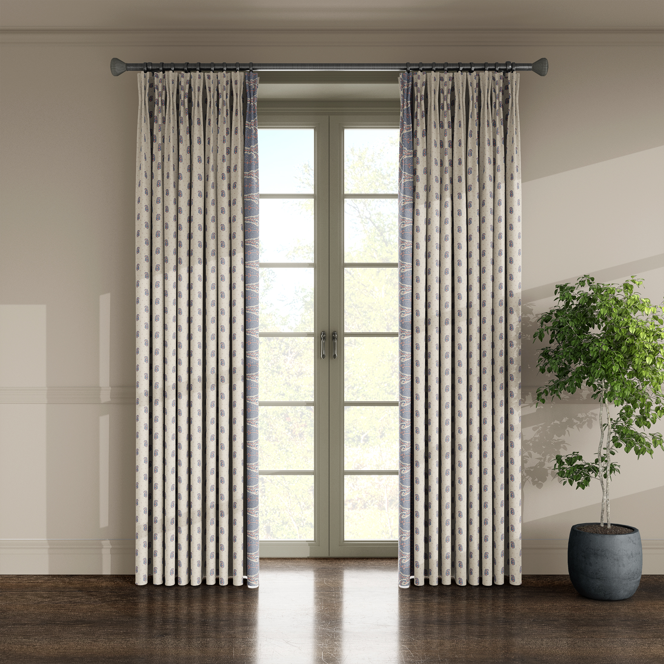 Teyssier's New Mellat Fabric, Matching Curtains. Interior Design, Chelsea. UK
