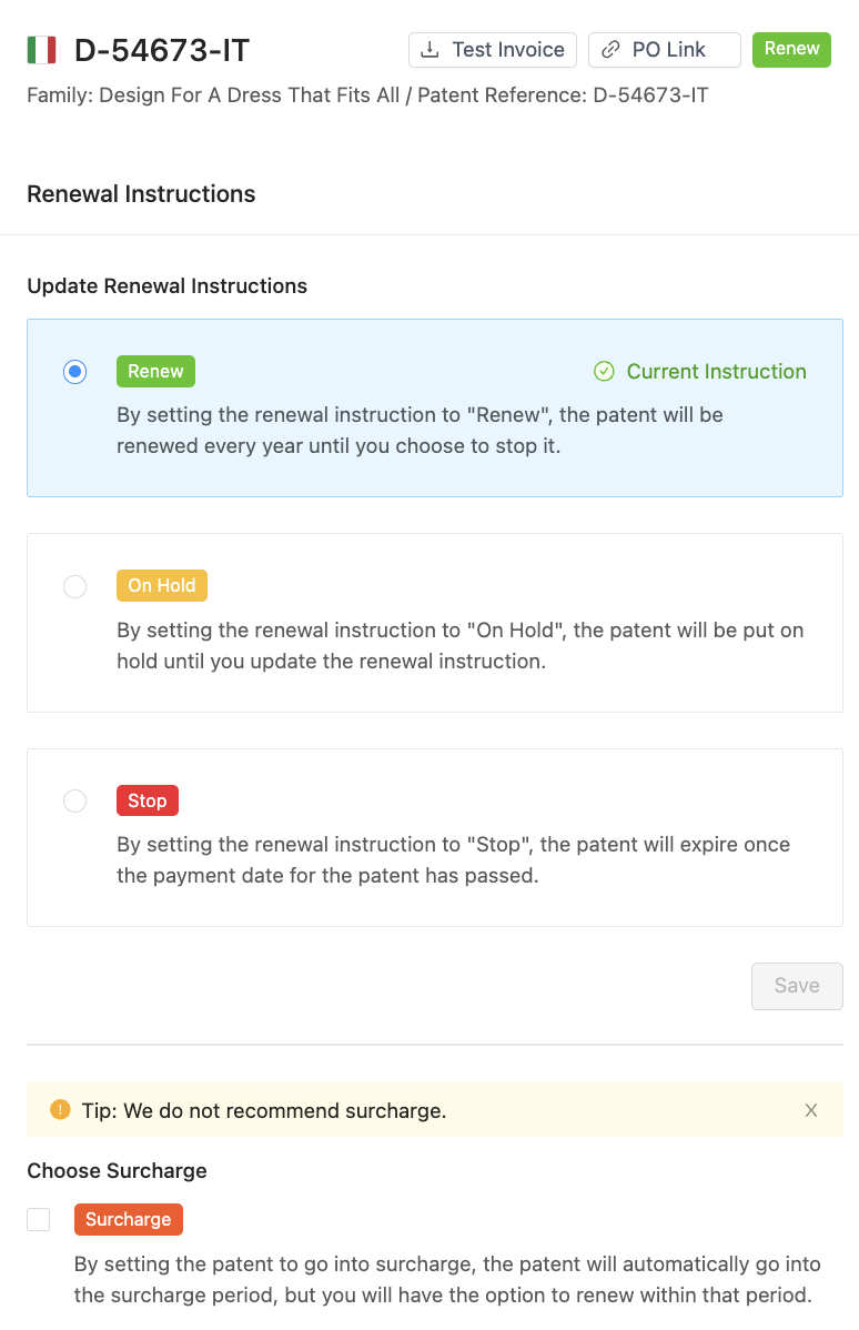 Patent renewal instructions on the platform