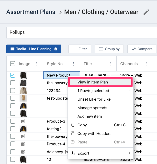 View in Item Plan is highlighted