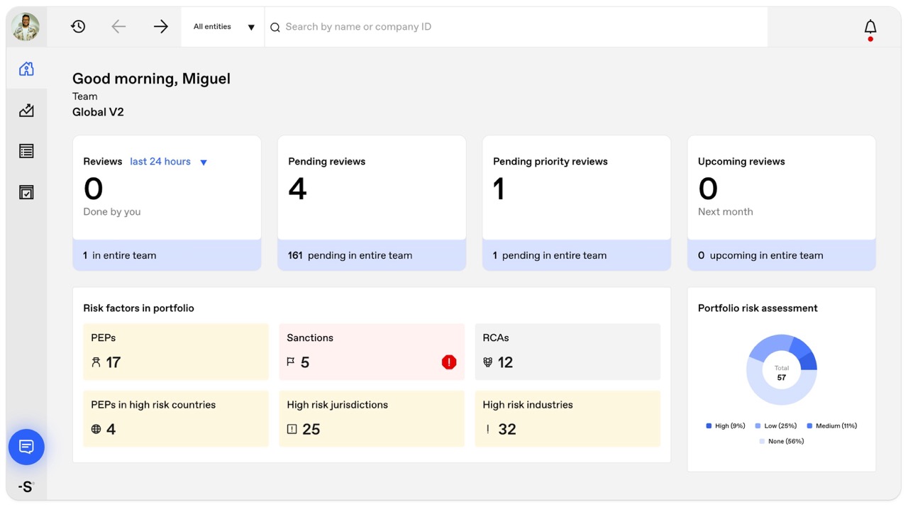 Strise AML automation app dashboard showing KYB and KYC onboarding modules with global business data and identity verification tools