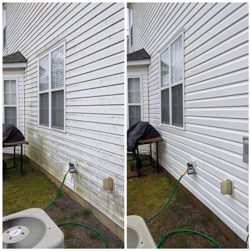 Side-by-side comparison of a driveway before and after professional pressure washing.