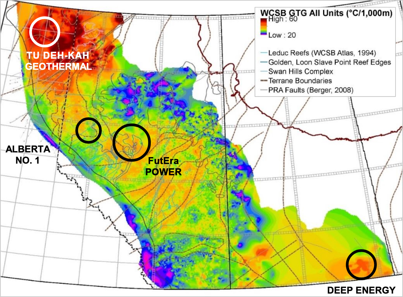 CDL Geothermal Project Map featuring Tu Deh-Kah Geothermal, Alberta No.1, Deep Energy and FutEra Power projects. 
