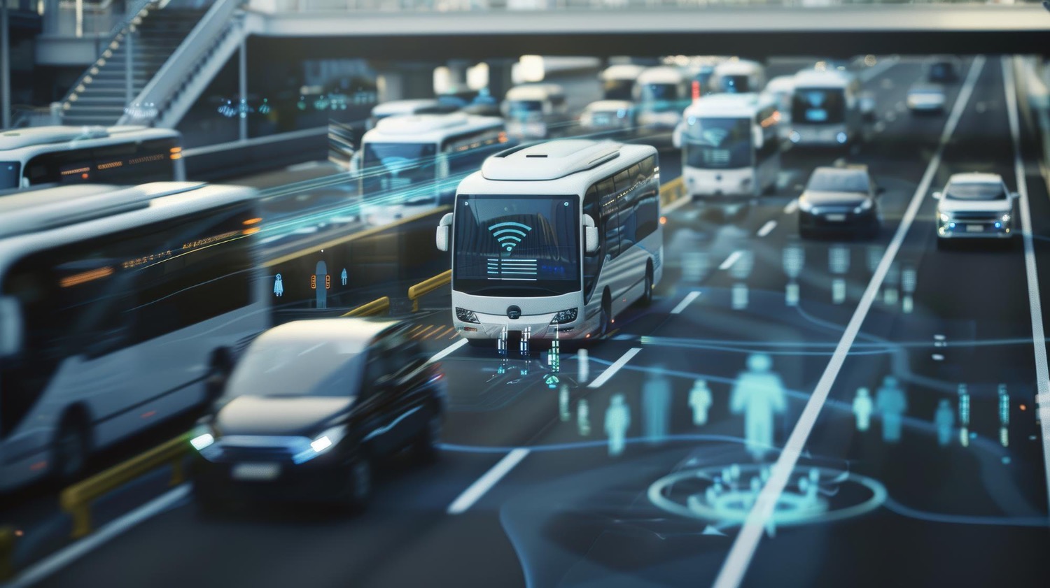 Gamified road with future digital icon overlayed with buses and cars