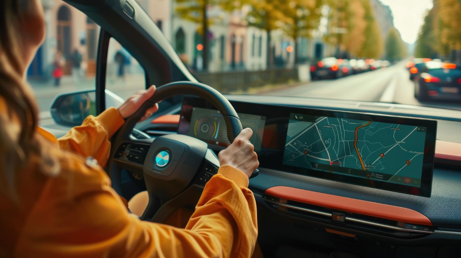 Lady in orange jumper driving a car with smart screens.
