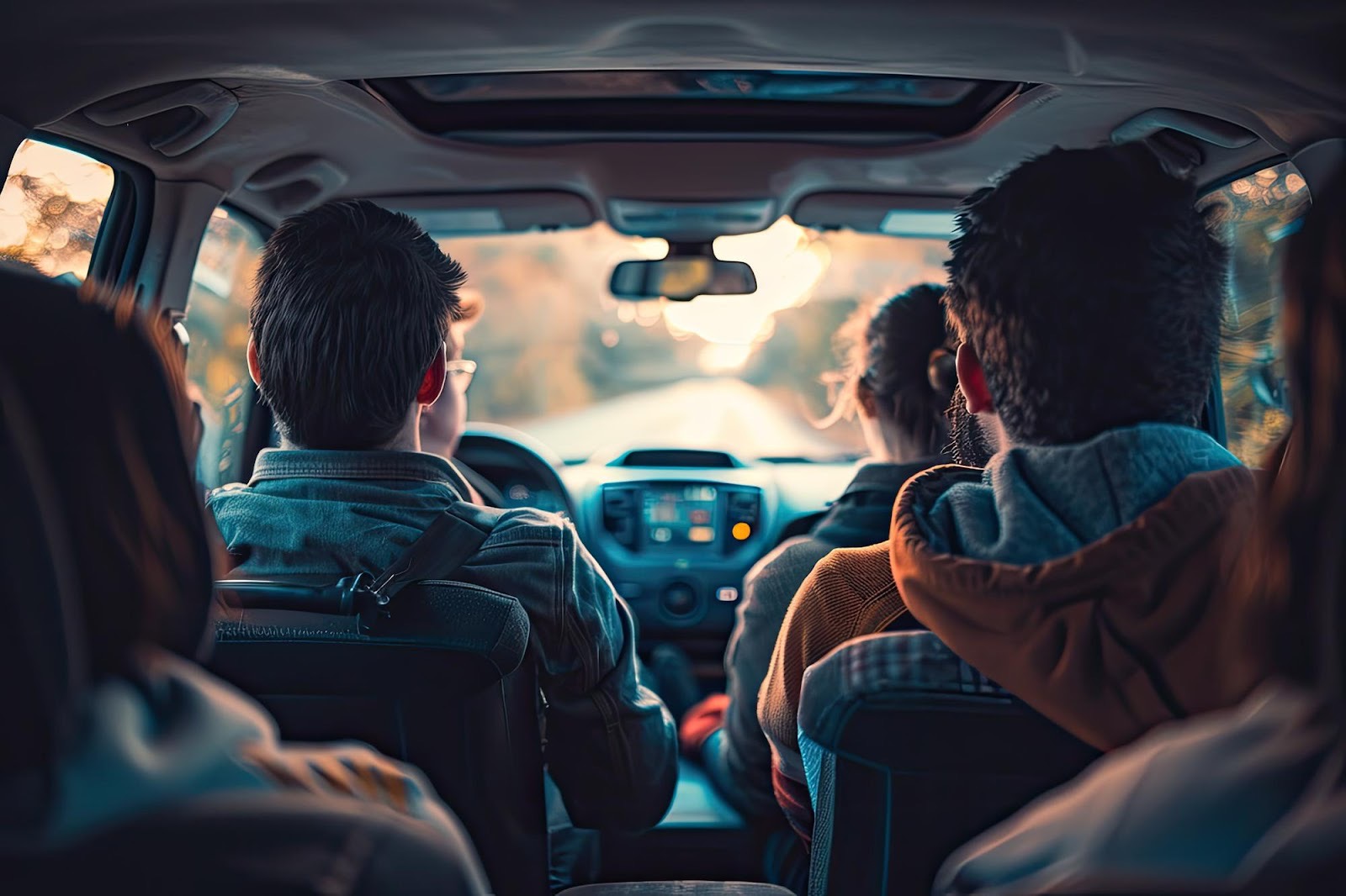 People in a car looking at to the front from the back of the car