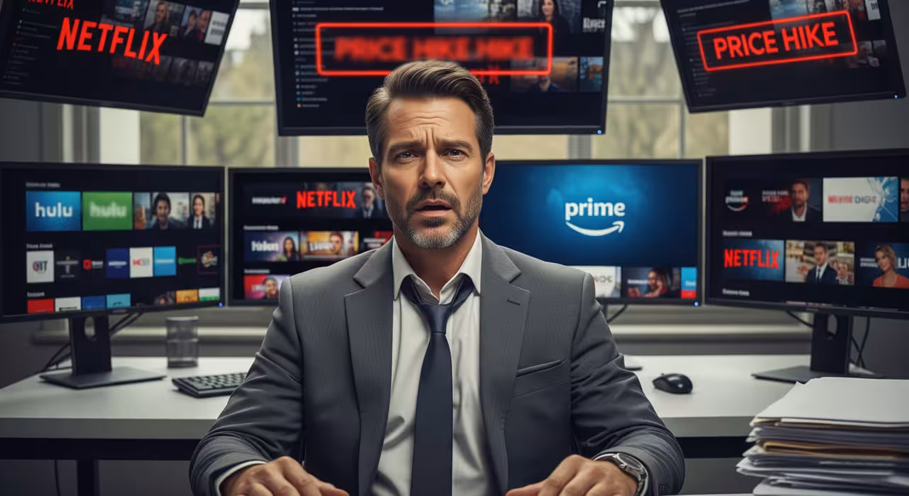 A man dressed in a suit works at a desk with multiple screens, worried over the challenges of subscription and streaming fatigue.