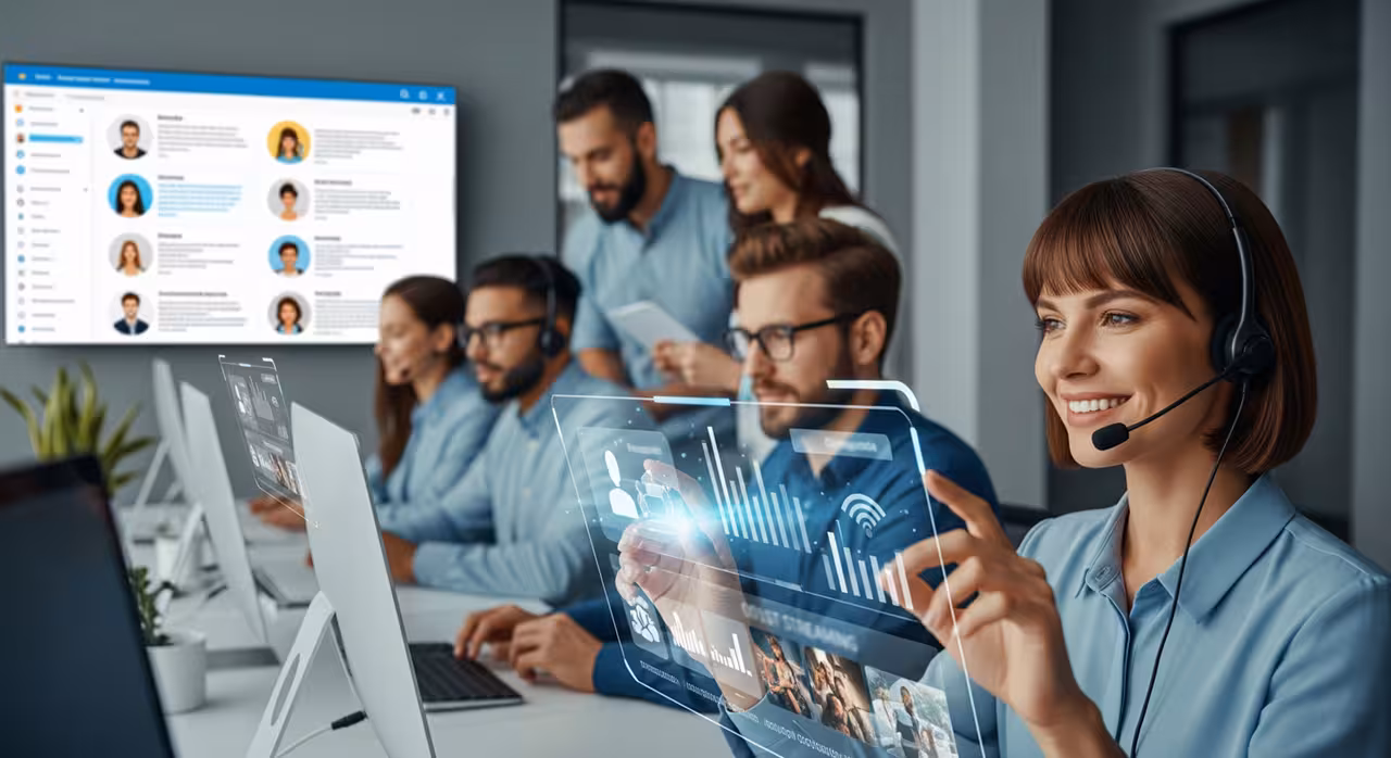 A support team of people working on computers, wearing headsets, focused on assisting customers.