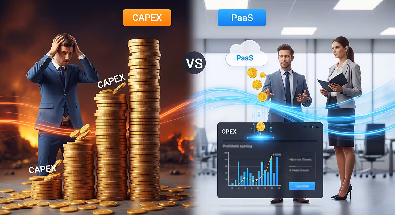 Visual comparison of CAPEX and OPEX models in OTT, emphasizing PaaS advantages for financial flexibility and scalability.