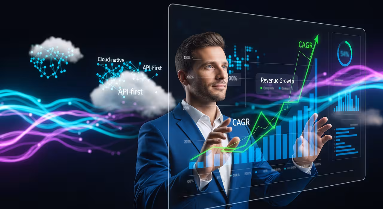 Businessman in VR showcasing business graphs that highlight trends in OTT PaaS growth and streaming media revenues.