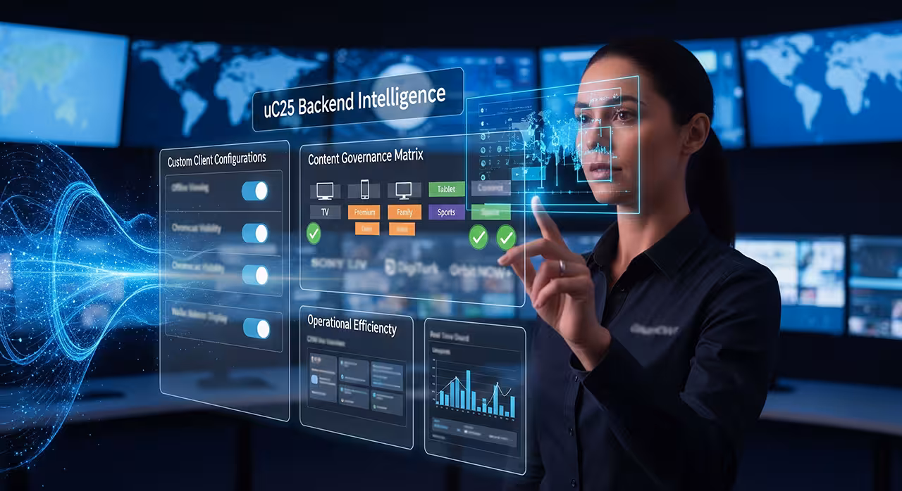 A woman points at a virtual interface displaying precision tools for operators in a tech-focused environment.
