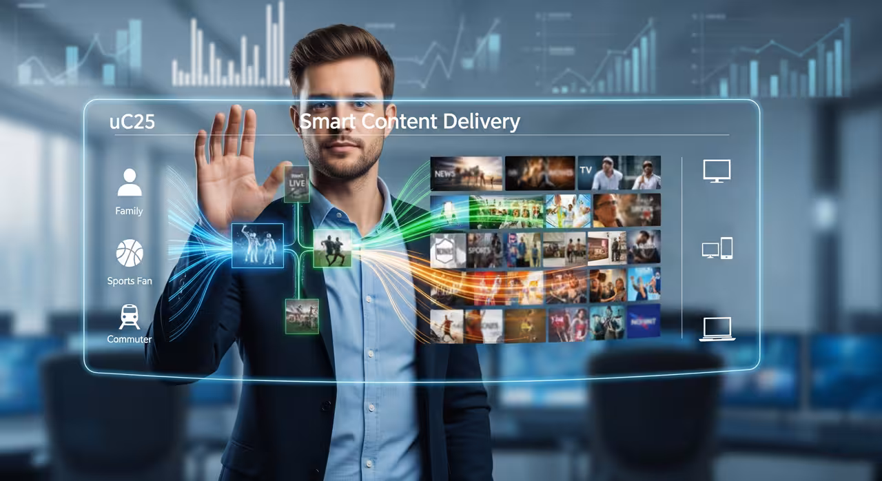 Businessman showcasing a virtual image symbolizing Uniqcast's innovative entertainment delivery system.