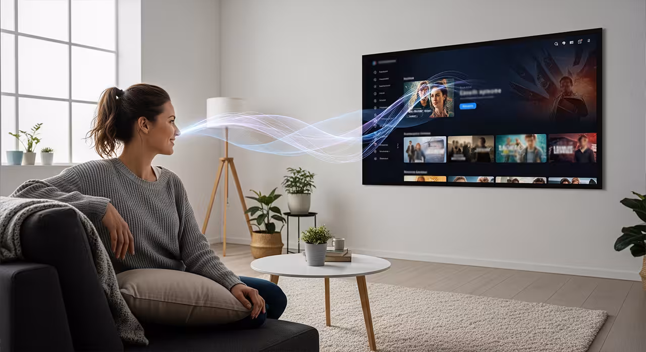 In a cozy living room, a woman enjoys watching TV while a streaming device sits beside her.