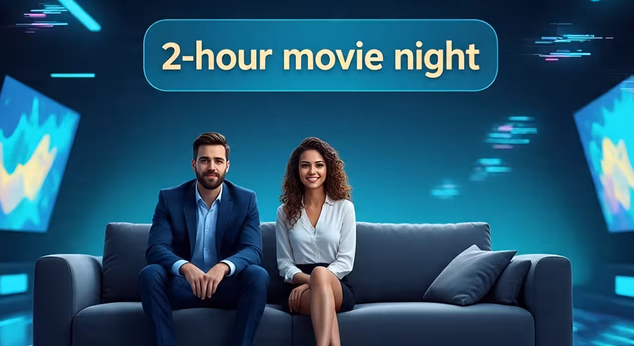 Two people relax on a couch, enjoying a cozy atmosphere with the text "2 hour movie night" displayed above them.