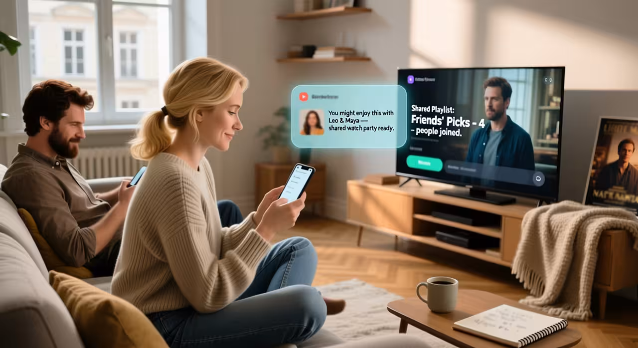A couple relaxes on a couch, viewing a TV screen that features content on AI-driven engagement in OTT platforms.