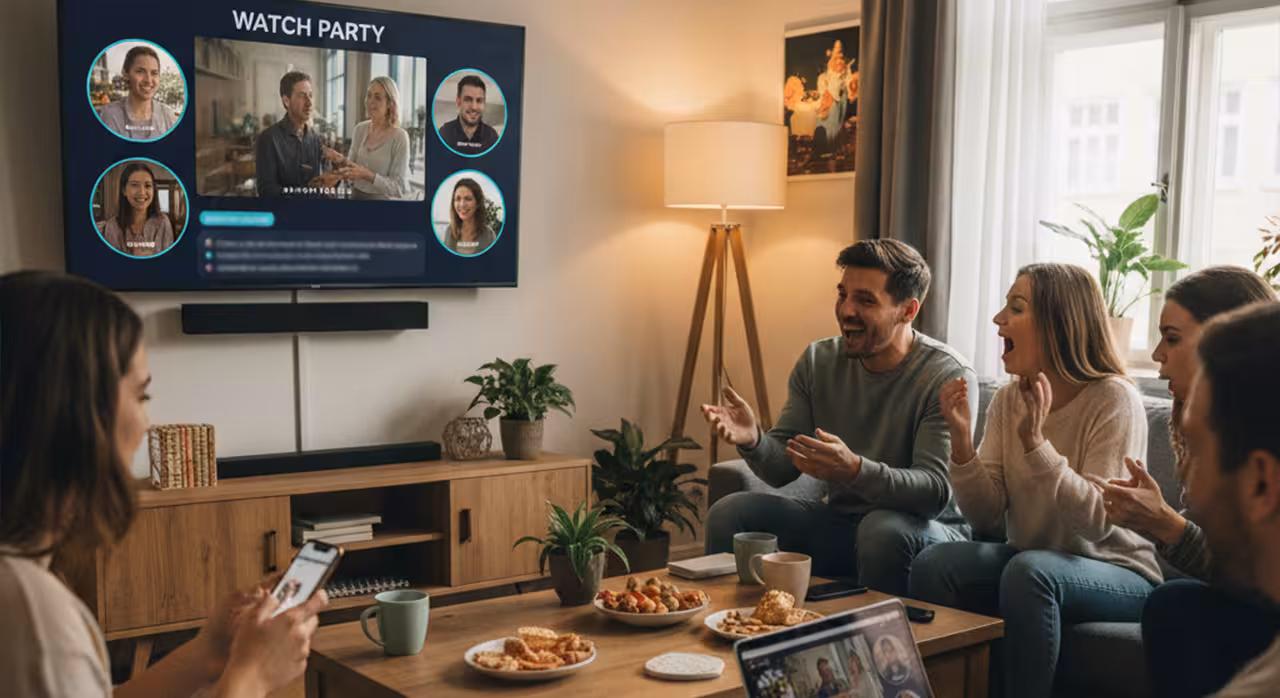 A group of people seated at a table, engaged in watching a video on a TV about social features on leading platforms.
