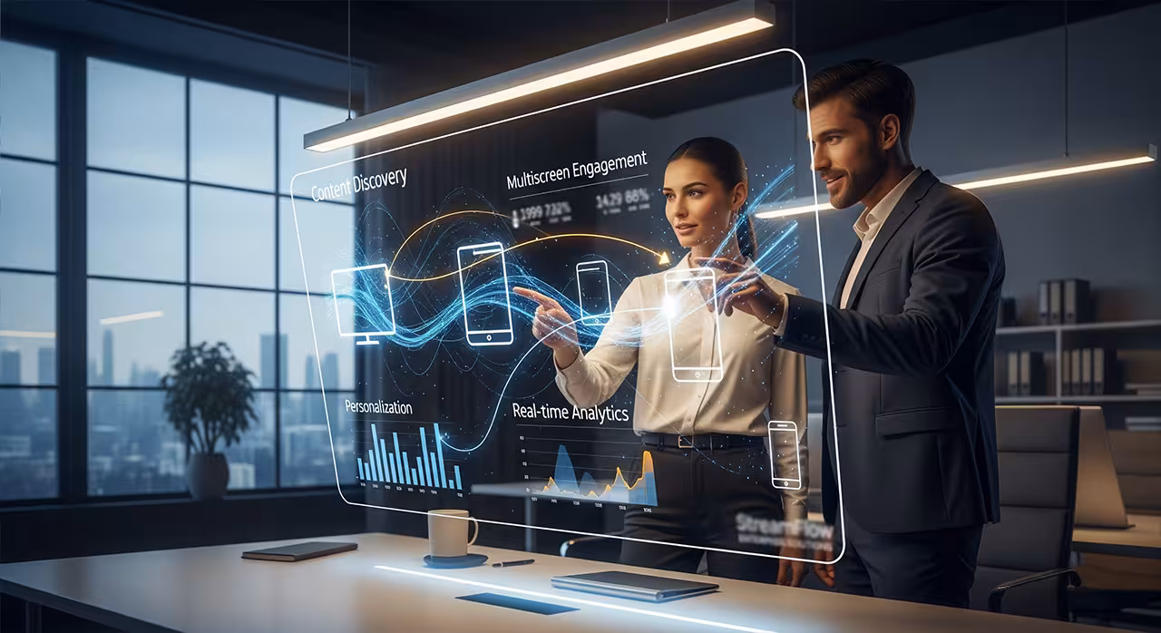 Two individuals dressed in business attire examine a data screen, discussing insights.