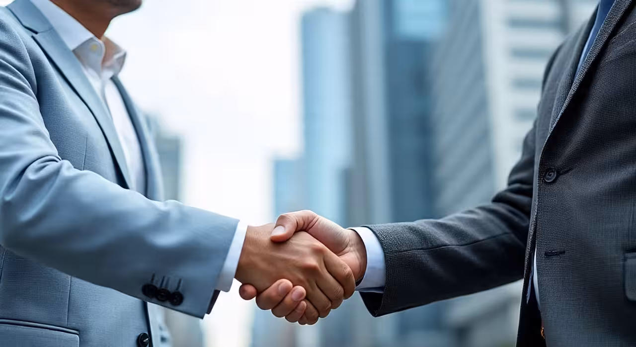 Two business professionals shaking hands with a city skyline in the background, symbolizing partnership and collaboration.