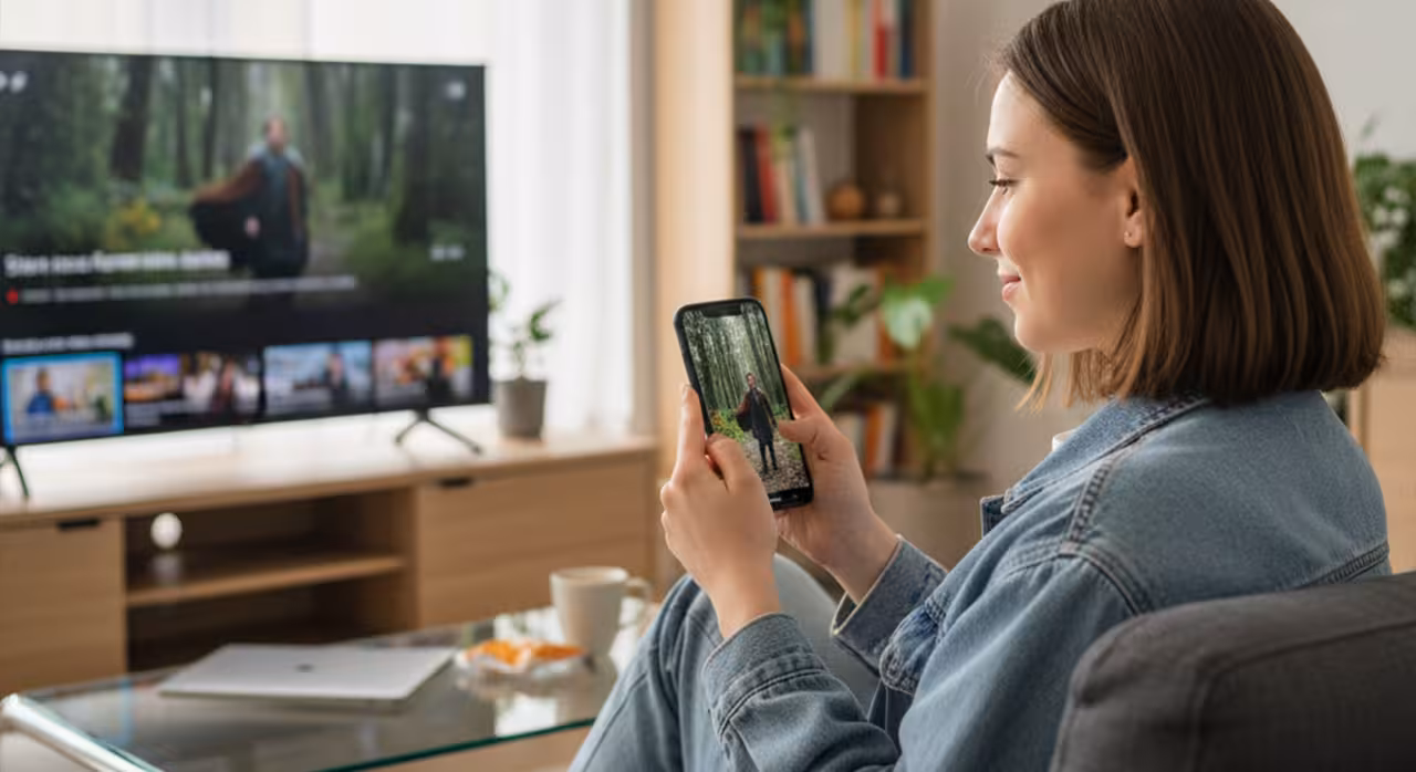 A woman sitting on a couch, intently watching a television and mobile screen in a cozy living room setting.