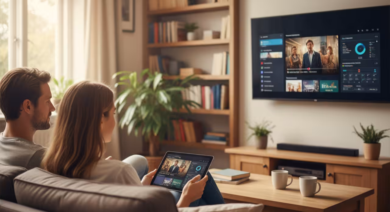 A man and woman enjoy a TV show on their couch, illustrating the idea of "Local Control, Global Experience."