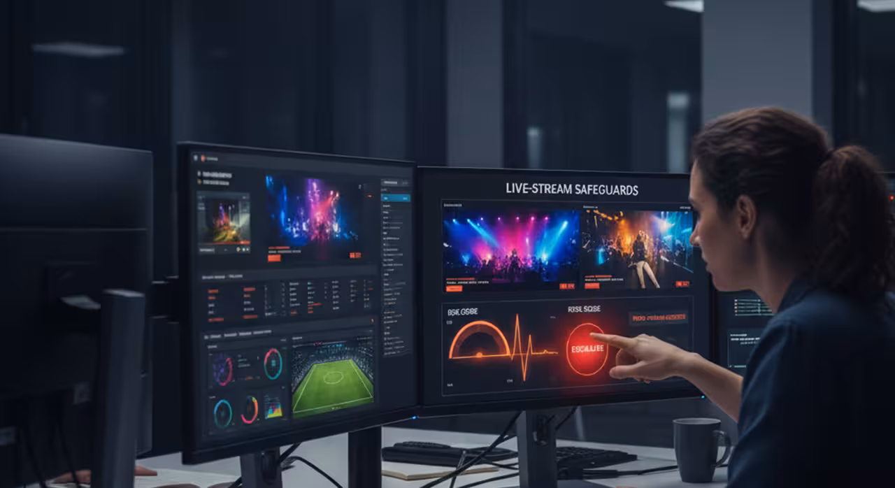 A woman focused on a computer screen with several monitors, reviewing automated content moderation for AI streaming.