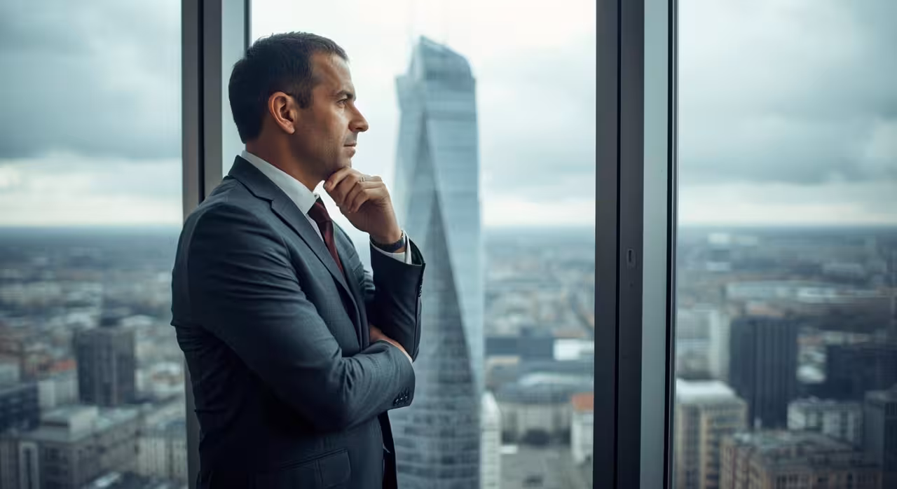 A man in a suit gazes thoughtfully out of a large window, with city buildings visible in the background.