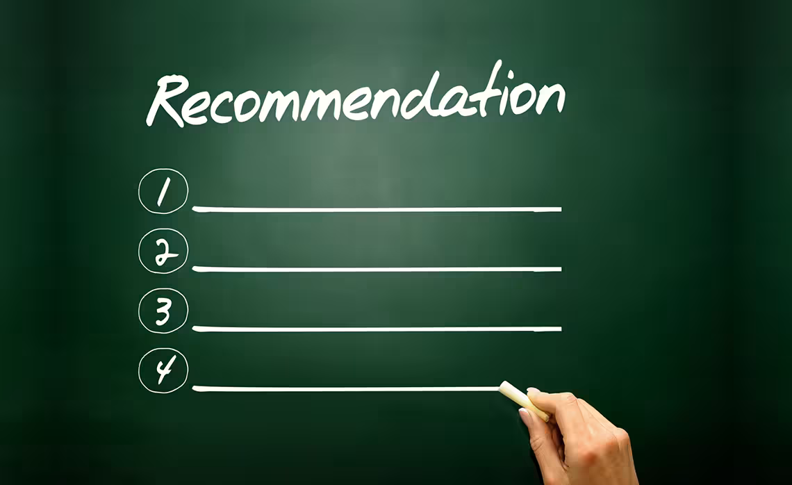Recommendation written in white chalk on a blackboard, featuring bullet points and a clear, organized layout.