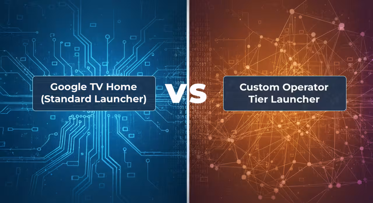 Image showing difference between Google TV home launcher, Custom Operator Tier Launcher