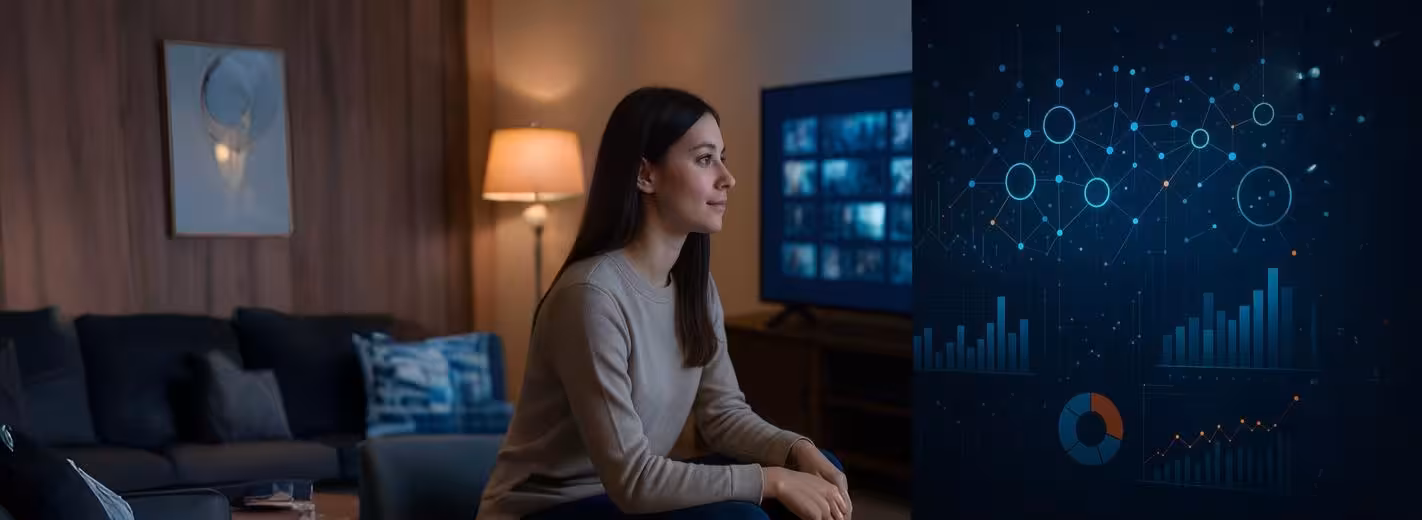 A woman sits before a TV displaying a graph, engaged in data analytics to enhance UX and monetization of OTT services.