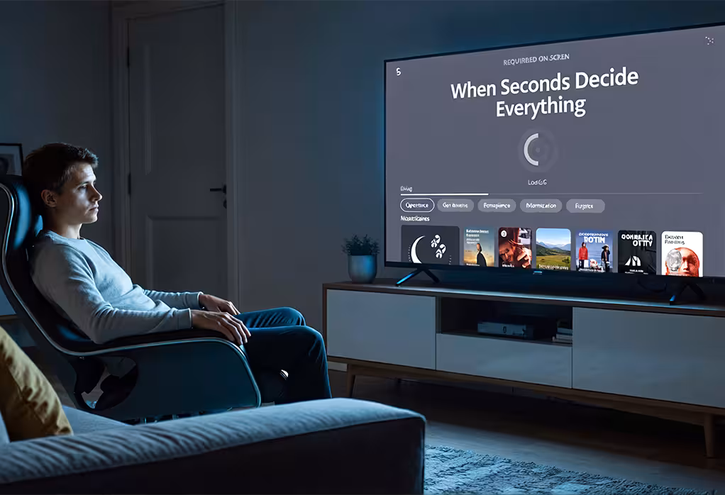 A man seated in a chair, focused on a TV displaying the phrase "When Seconds Decide Everything."