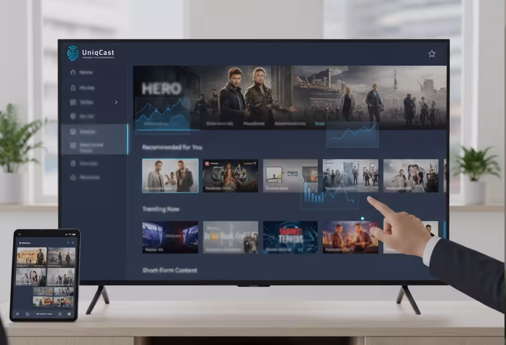 A man gestures towards a TV screen, highlighting the impact of data on user experience.