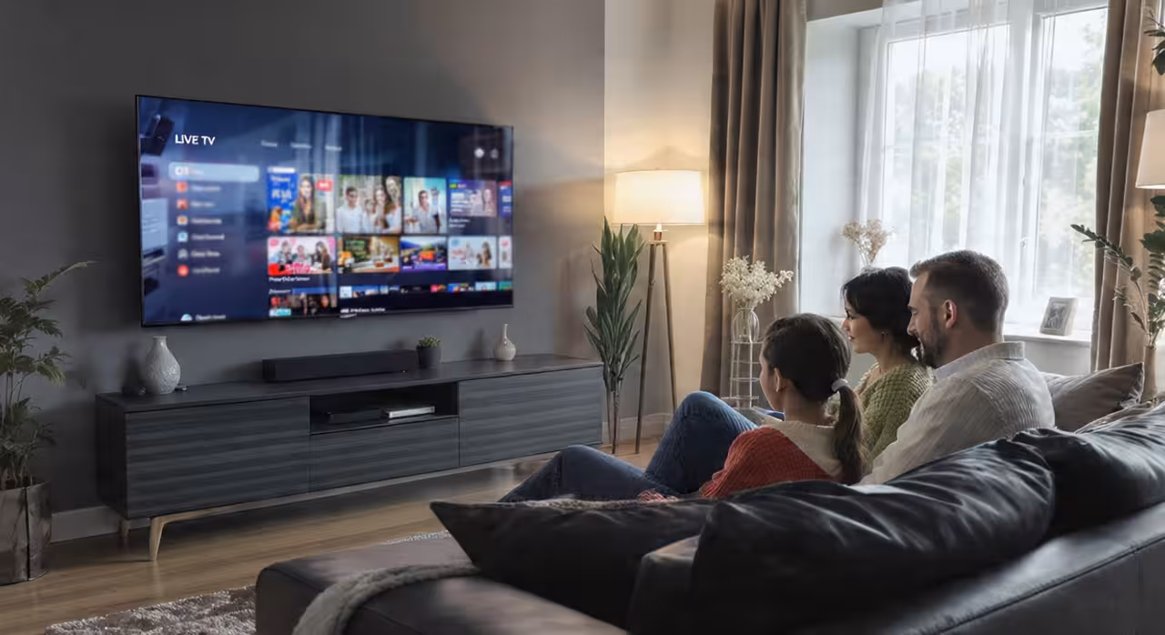 A family of four sits on a couch, engaged in watching TV together in a cozy living room setting.