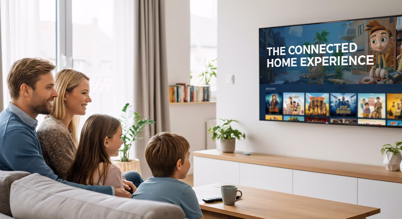  A family relaxes on a couch, watching TV while enjoying a connected home experience together.