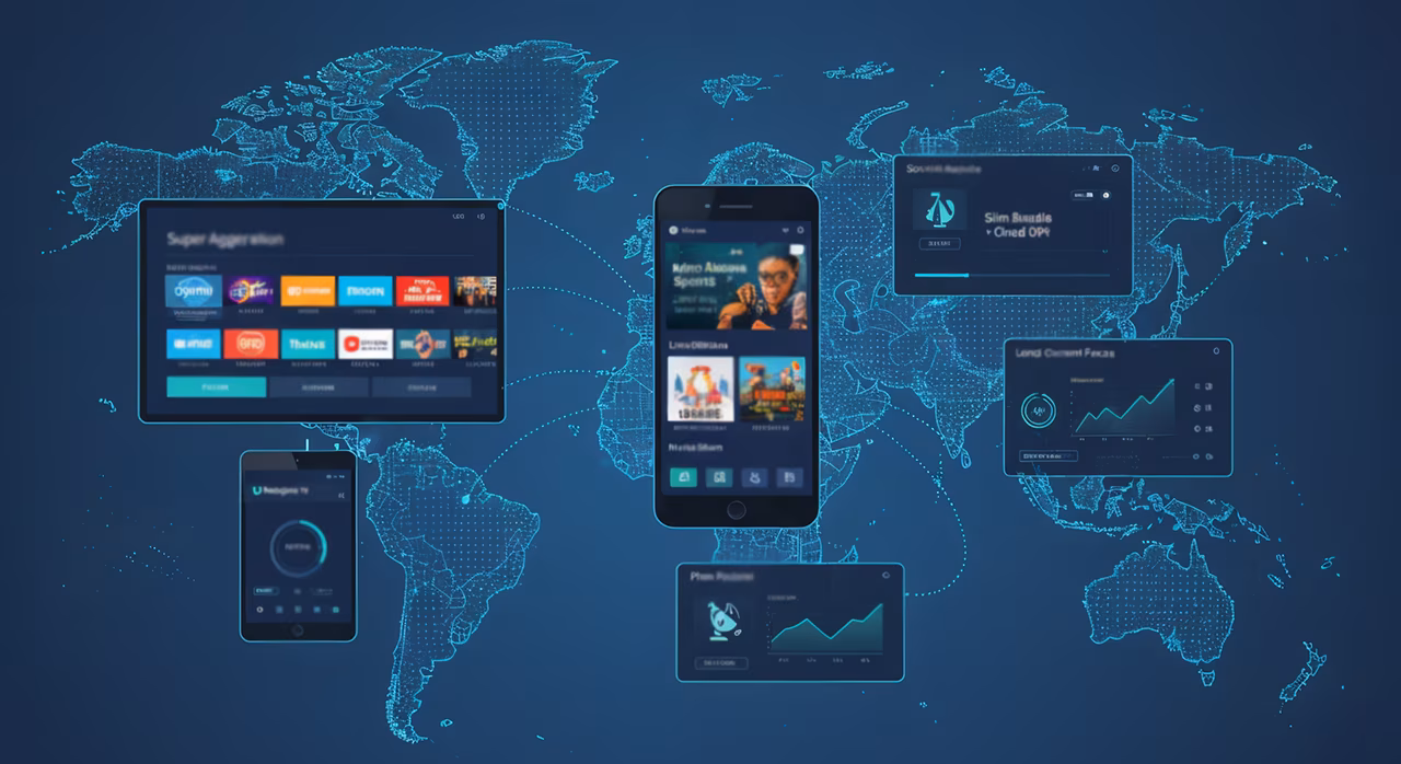 Mobile devices displayed alongside a world map, illustrating market size and regional outlook trends.