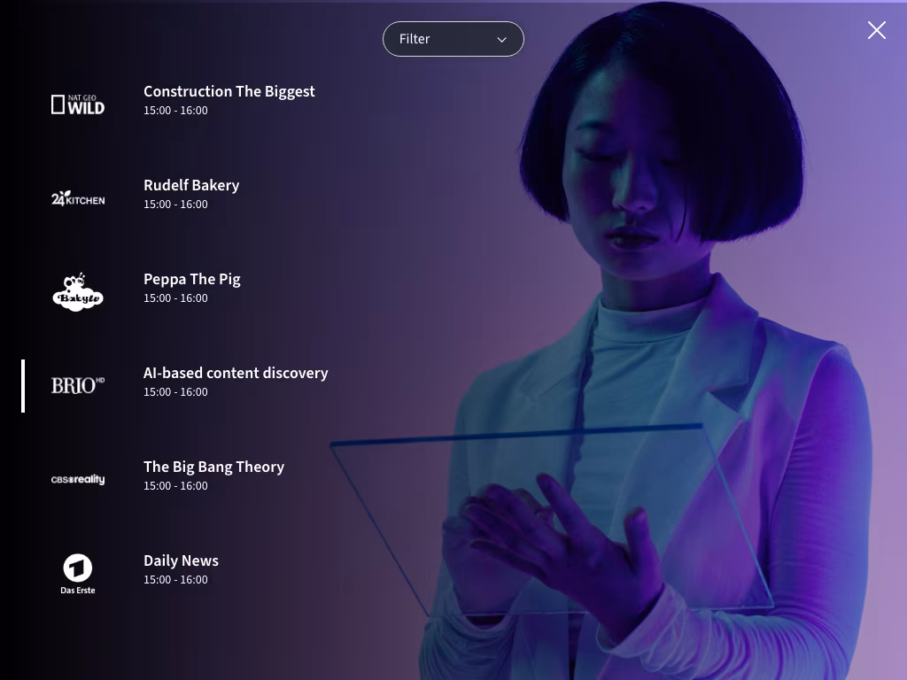 An IPTV UI with a background of a Chinese woman holding a glass tablet.