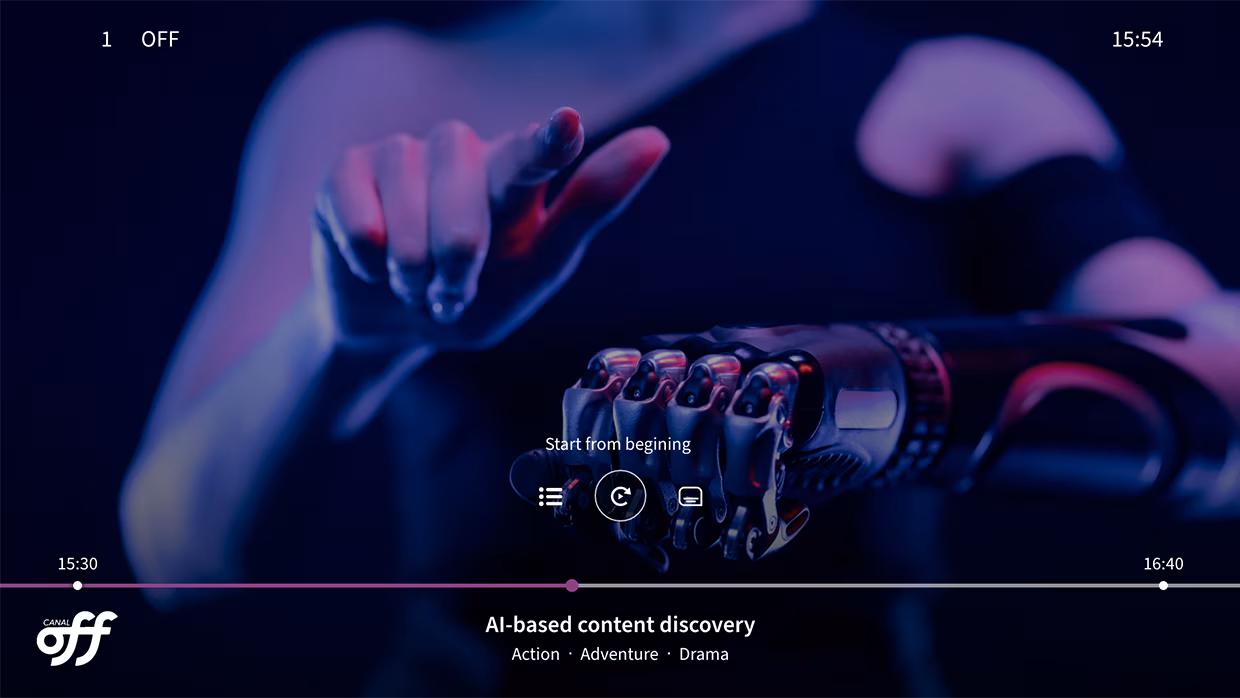 An IPTV UI with a background image of a woman with one human and one robotic hand.