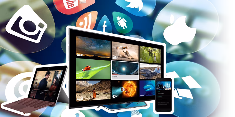 Various devices with monitors displaying a lot of different images, surrounded by familiar social icons.