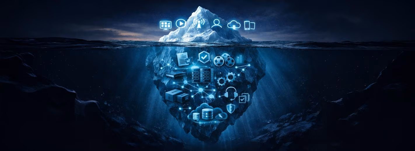 An iceberg with a digital icon floating in the water, symbolizing the intersection of nature and technology.